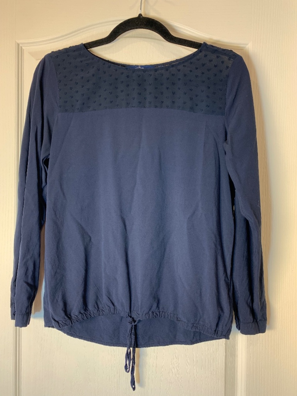 Tom Tailor Navy Swiss Dot Blouse‎ Size 34 Sheer Yoke Long Sleeve Boho Top